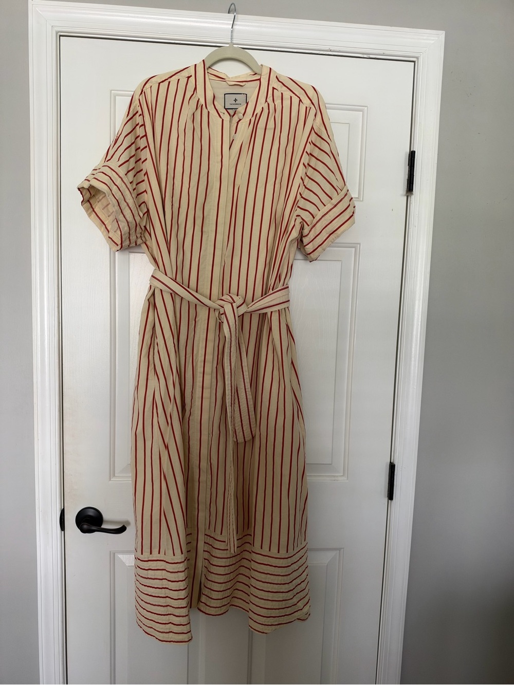 Tuckernuck Cream Midi Shirt Dress with Red Stripes